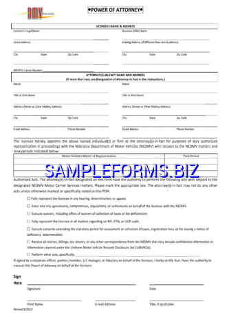 Nebraska Motor Vehicle Power of Attorney Form pdf free