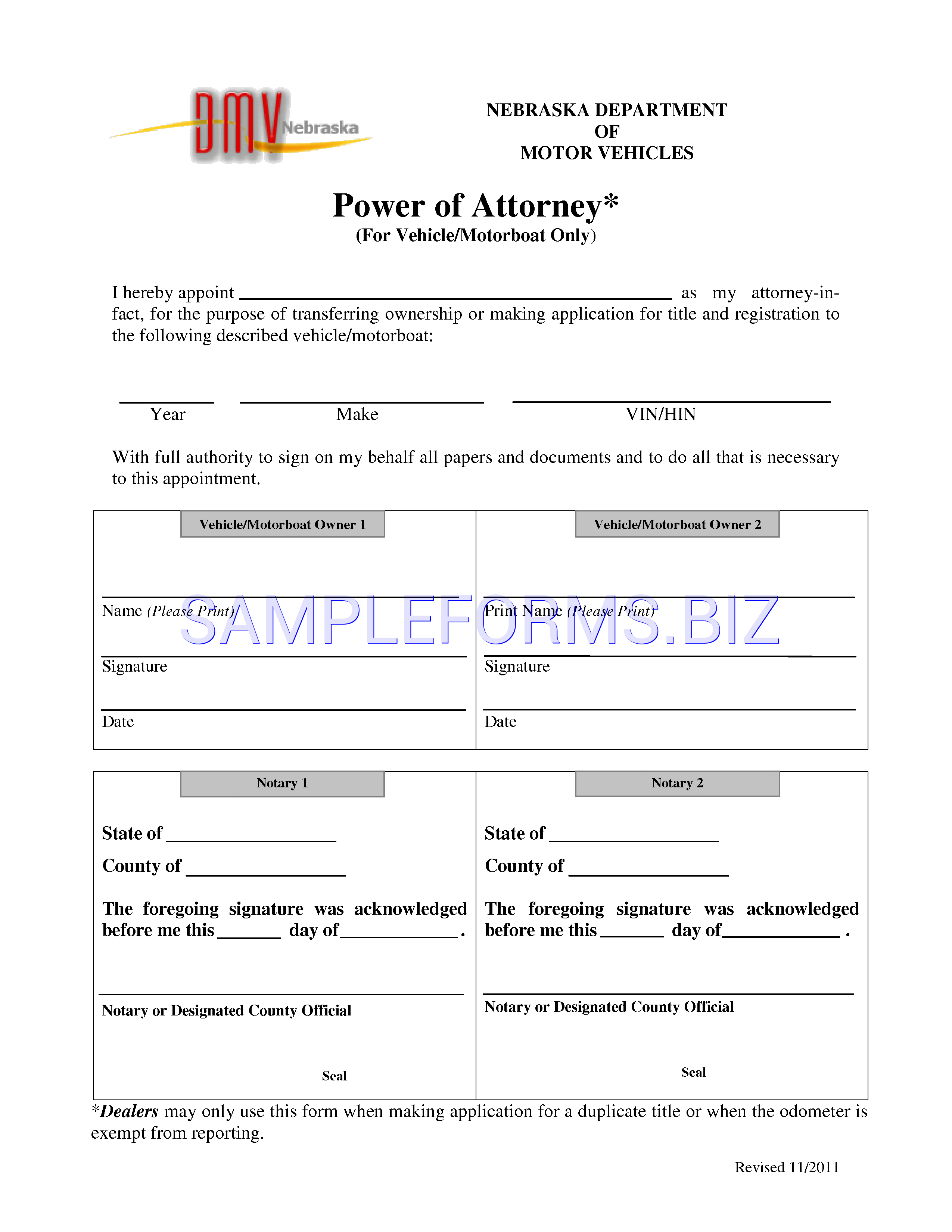 Preview free downloadable Nebraska Power of Attorney (for Vehicle/Motorboat only) Form in PDF (page 1)